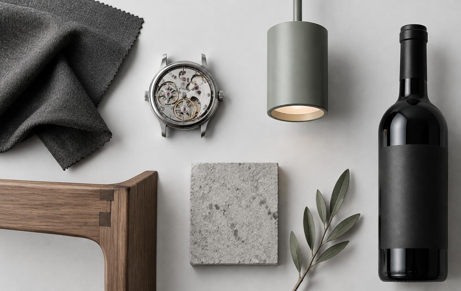 Materials and products representing apparel, watches, lighting, furniture, wine and construction